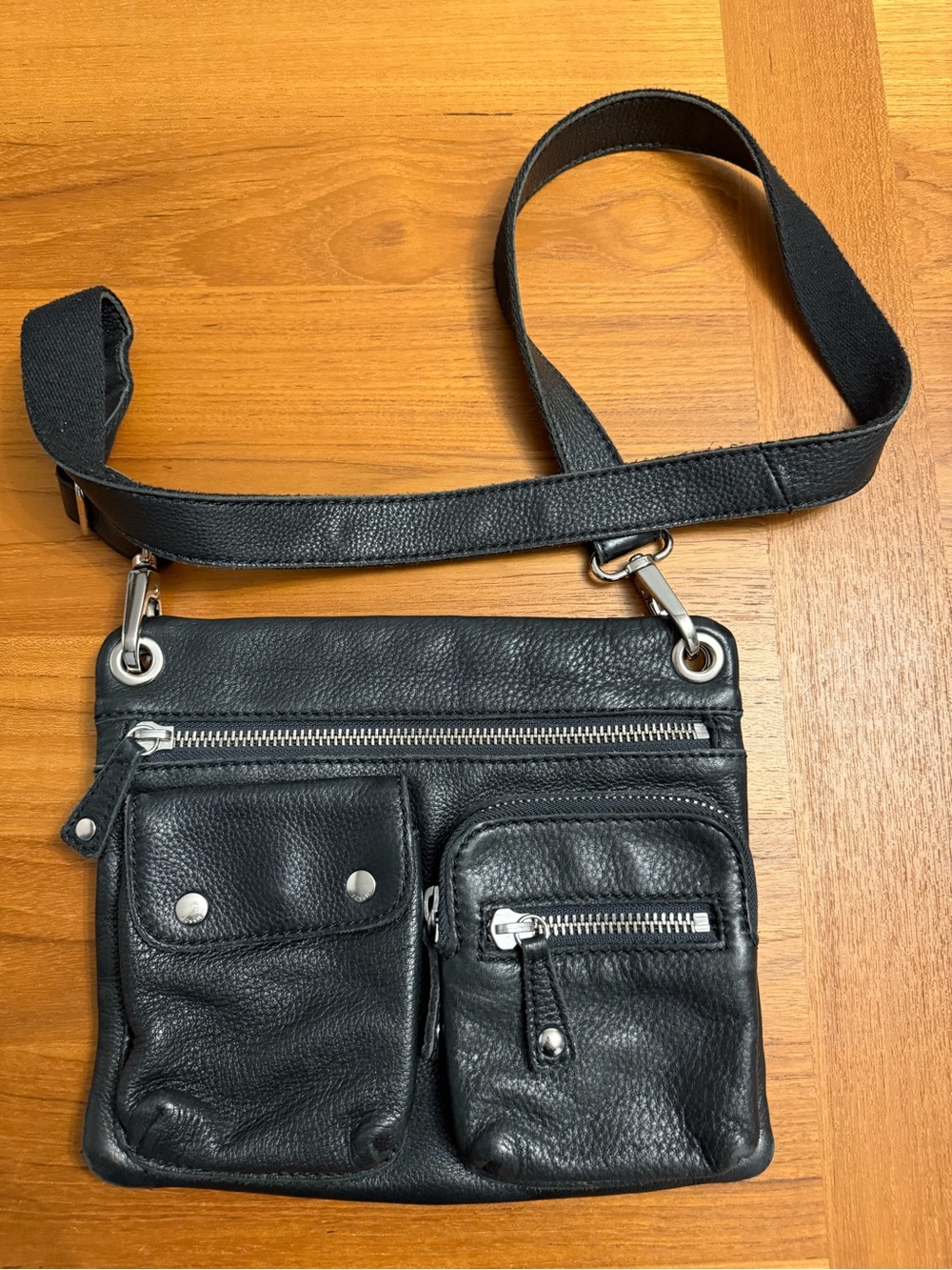 Fossil Black Leather Moto Look Crossbody Bag with Silver Hardware
